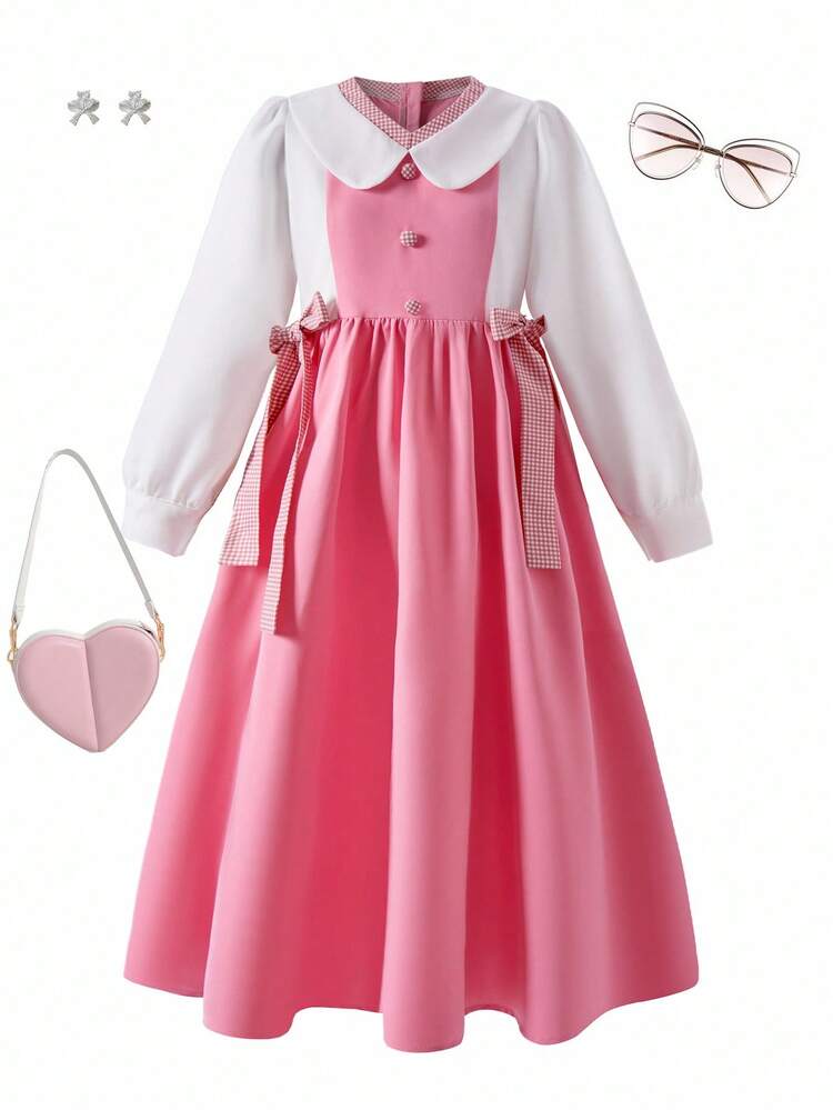 女童格子拼布连衣裙，纽扣装饰，蝴蝶结点缀，后背隐形拉链，时尚百搭，适合上学、外出、街头穿着，可搭配夹克 - 西瓜粉 - 查看 7