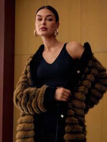 MOTF PREMIUM CONTRAST TRIM SNAP BUTTON FAUX FUR COAT - Brown - View 5