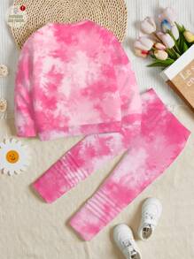 SHEIN Happikins 2pcs/Set Kids Girls Casual Cute Cartoon Capybara Print Tie-Dye Crew Neck Long Sleeve Sweatshirt And Leggings Outfit 7th Birthday - Multicolor - View 4