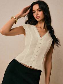 Women's Solid Color Casual V-Neck Short Sleeve Blouse - Apricot - View 4