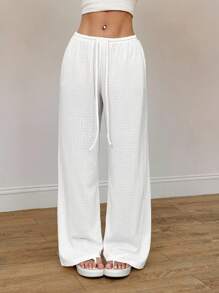 SHEIN PETITE Women's Summer New Knitted Texture Light White Casual Pants, Suitable For Vacation Wear, Autumn Winter Casual Home White Pants Women Summer Pants Comfy Pants Beach Pants Bathing Suit Cover Up Pants White Beach Pants - White - View 3