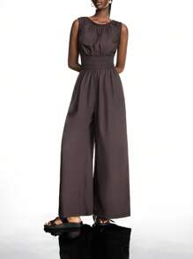 LYSMO 女式休闲纯色无袖收腰连体裤 - 棕色 - 查看 5