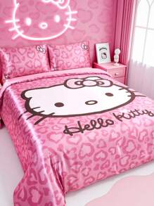 HELLO KITTY AND FRIENDS | SHEIN 3 件套粉色猫咪印花床上用品套装，缎纹面料，柔软凉爽，多种尺寸可选，适用于单人床/双人床/大床/特大床，适合房间装饰