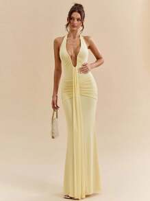 SHEIN BAE 优雅黄色奶油色性感深V领女式连衣裙，春夏季 - 黃色 - 查看 5