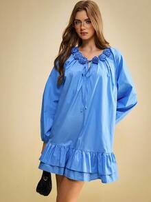 Muvela Váy nhiều lớp tay đèn lồng họa tiết hoa 3D trơn màu thời trang thu đông 2025 dành cho nữ, thường ngày phong cách Y2K, lễ hội âm nhạc đồng quê, phong cách cổ điển, dạo phố, công sở, hẹn hò, tiệc tùng, đi chơi sân bay, trở lại trường học - Màu xanh lam - Xem 7