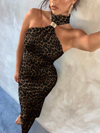  Aloruh Women's Elegant Sexy Brown Leopard Ombre Metal Buckle Decor Hollow Out Bodycon Stretch Dress, Elegant For Dates, Ombre Dress For Autumn/Winter, Party,Fall Wedding Guest Dress,Formal Dresses For Wedding Guest Chic Dress,Party Dress