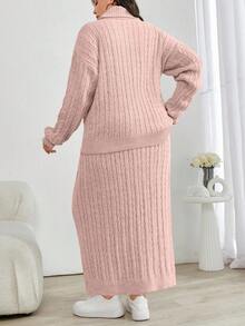 Conjunto de dos piezas de suéter de cuello alto de punto de cable y falda