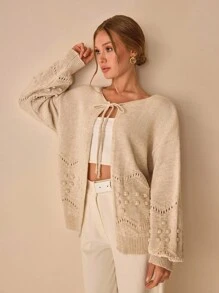 CLARA VERO Áo khoác cardigan tay phồng tua rua cỡ lớn cho nữ - Màu be - Xem 6