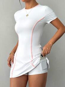 Sovereign Charm 女式网球健身户外修身白色短袖运动连衣裙，配有短裤和手机口袋 - 白色 - 查看 6