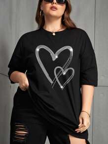 SHEIN Plus Size Women's Rhinestone Heart Dropped Shoulder Loose Casual Round Neck T-Shirt