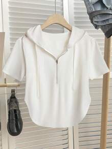 SHEIN CURVE+ Plus Size Women Casual Asymmetric Drawstring Zipper Short Sleeve Hoodie, Suitable For Spring/Summer Graduation Ceremony, Back To School, Women Teachers