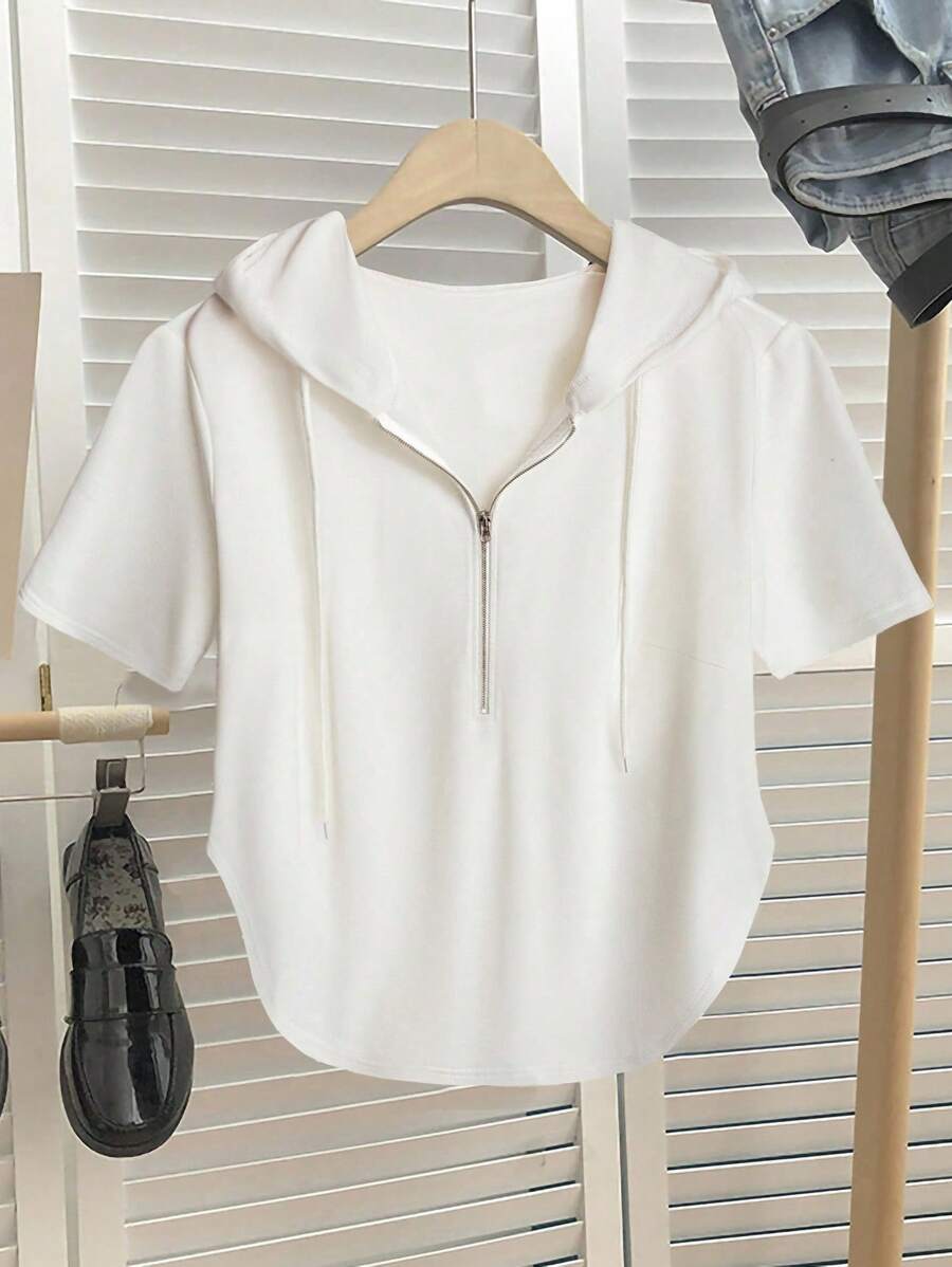 SHEIN CURVE+ Plus Size Women Casual Asymmetric Drawstring Zipper Short Sleeve Hoodie, Suitable For Spring/Summer Graduation Ceremony, Back To School, Women Teachers