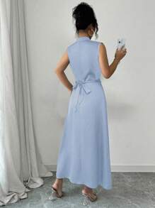 Elenzga 女式春夏优雅绿色立领百褶腰喇叭无袖连衣裙 - 藍色 - 查看 2