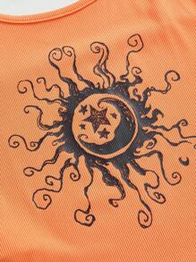 ROMWE Hippie 女士太阳与月亮印花修身休闲吊带背心 - 橘色 - 查看 3