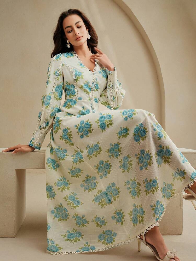 Nuevo vestido de estilo vacacional de primavera/verano con estampado de rosas, cuello en V, volantes, cintura fruncida y mangas farol