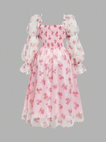 SHEIN MOD Große Größen Rosa Blumen Mesh Muster Schleife Akzent Langarm Party Kleid, romantischer Look, Geburtstagskleider, elegante Kleider für Partys, Geburtstagskleider für Frauen, Party