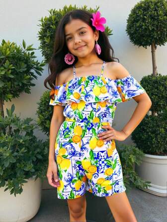 Tween Girls Tropical Off Shoulder Jumpsuit, Summer Vacation Bestseller Tropical Floral Print Shorts Jumpsuit, Lightweight & Comfortable, Must-Have For Beach Trips, Fashionable Girls' Vacation OOTD!