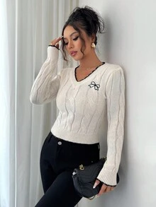 Elenzga Women's New Autumn/Winter V-Neck Long Sleeve Rope Floral Colorblock Butterfly Embroidery Cropped Chic Knit Pullover Top Fall Cloth For Women - Beige - View 4