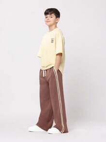 SUMWON Tween Boys Track And Field Embroidered Two Piece Set Cream Yellow Wide Leg Pants Oversized Jersey Summer Casual Fashion Co Ord Set