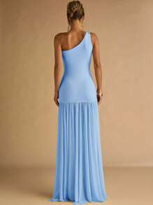 SHEIN BAE 女士杏色不对称肩部金属扣装饰紧身连衣裙，透明下摆，优雅 - 淺藍色 - 查看 2