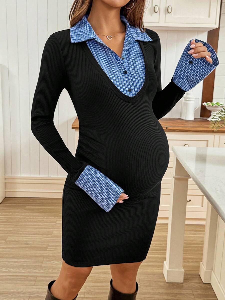 SHEIN Maternity Color Block 2 In 1 Long Sleeve Raglan Fitted Ribbed Ribbed Casual Dress  Fall Clothes  Long Sleeve Fall Winter Clothes - Black - View 1