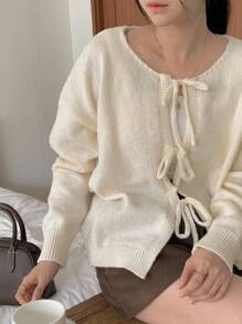 DAZY 女士圆领系带装饰宽松休闲长袖开衫，秋季女装 - 米色 - 查看 3