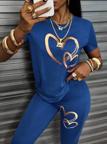 INAWLY Ladies' Heart Print Short Sleeve T-Shirt And Pants Set - Blue - View 5