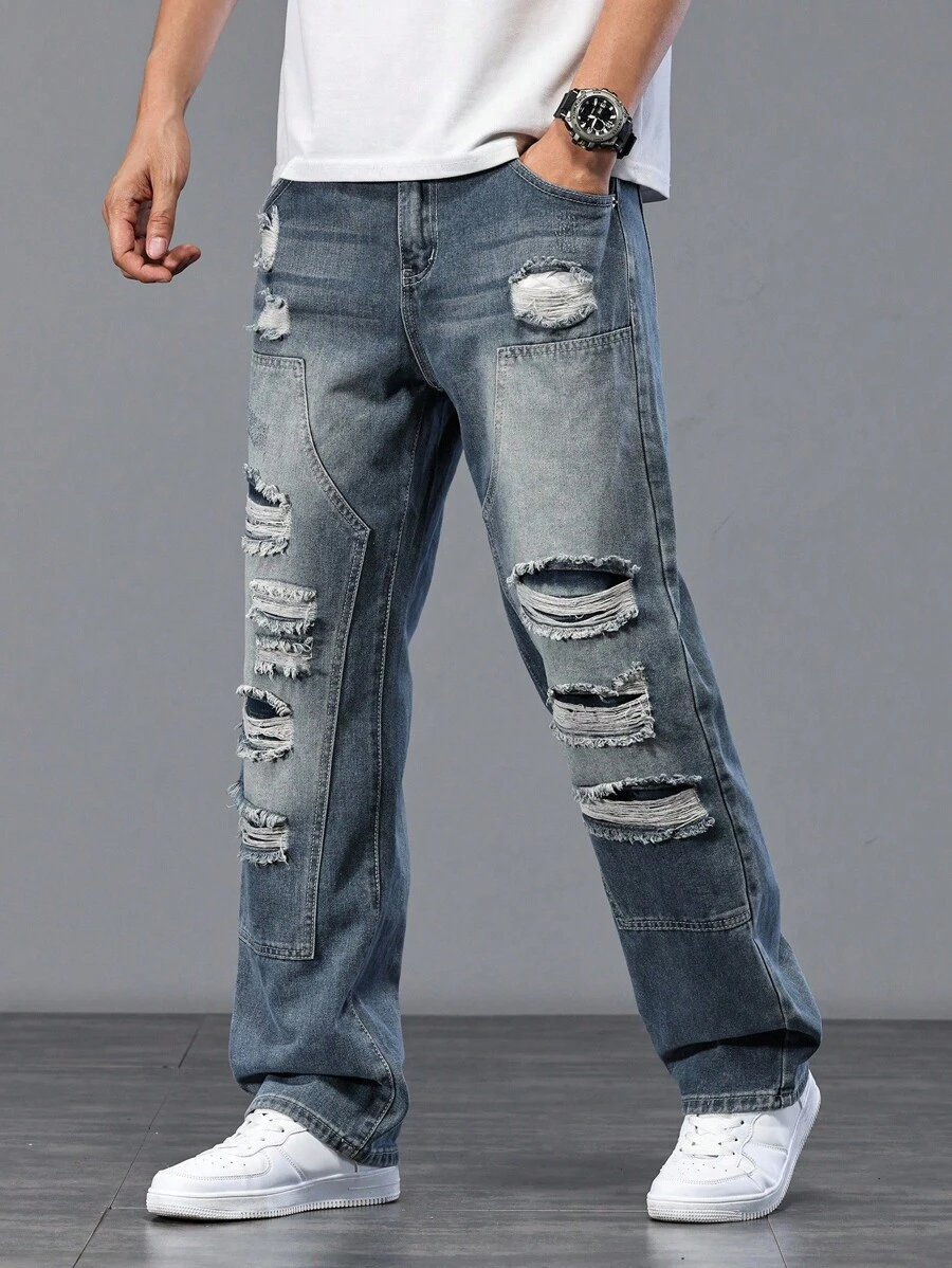 Manfinity Homme Jeans casuales de mezclilla rasgados de talla grande para hombres, jeans holgados rasgados, jeans desgastados, estilo emo - Azul - Ver 1