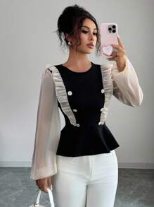 Elenzga Elegant Organza Patchwork A-Line Fitted Long Sleeve T-Shirt, Autumn/Winter Fall Cloth For Women - Black - View 4