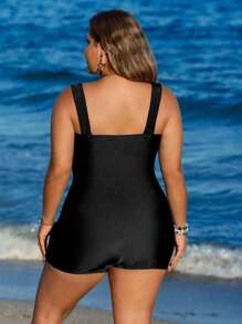 Swim SPRTY Plus Size Women's Summer Thick Strap Gather Tankini Swimsuit For Beach Vacation - Black and White - View 3