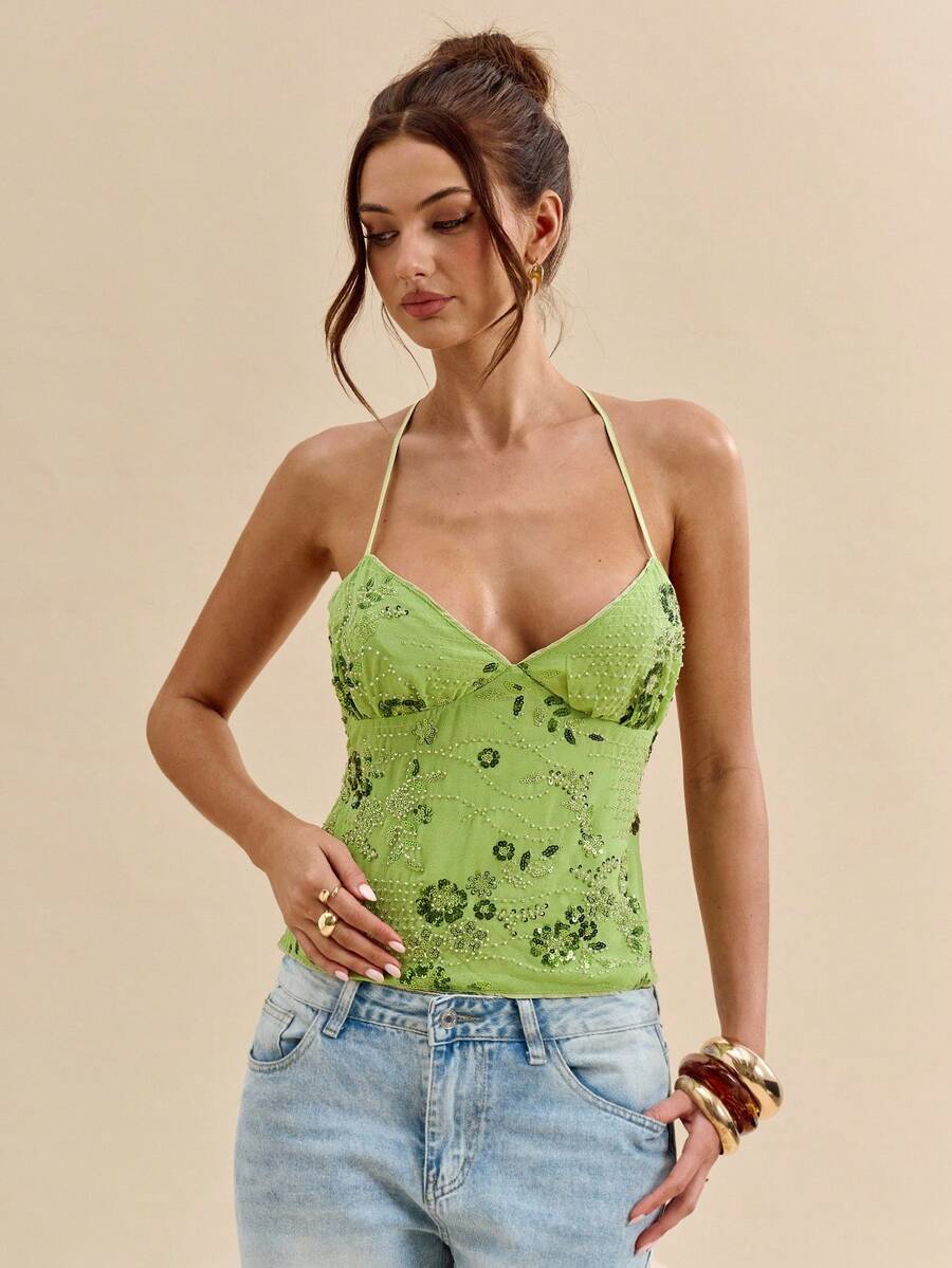 SHEIN BAE 1件女士纯色纹理提花吊带上衣，吊带飘逸上衣，提花上衣，春夏款 - 橄欖綠 - 查看 1