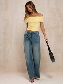 SHEIN BAE Summer Casual Solid Color Knitted Top,Cute,Streetwear,Basic Tops,Knit Sweater,Back To School,Off The Shoulder Sweater,Cute Sweater,Cropped Sweater,Fall For Women,Fall Sweaters,Off The Shoulder Sweater,Off Shoulder Sweater,Fall For Women,Fall Sweaters,Fall Women,Halloween Sweater - Yellow - View 8