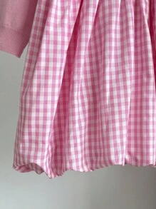 SHEIN Girls' Pink Autumn Holiday Party Knitted Dress,Back To School Plaid Patchwork Sweet Soft Warm Yarn Outfit With 3D Bow,Comfortable Versatile Clothes - Pink - View 4