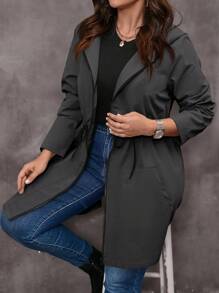 EMERY ROSE Jaket Kasual Wanita Ukuran Besar Lengan Panjang Warna Polos dengan Tali Serut di Pinggang dan Resleting Depan, Pakaian Musim Gugur untuk Wanita - Dark Grey - View 1