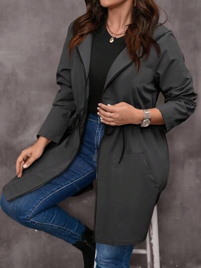 EMERY ROSE Plus Size Women's Solid Color Long Sleeve Drawstring Waist Zipper Front Casual Hooded Jacket,Fall Clothes For Women
