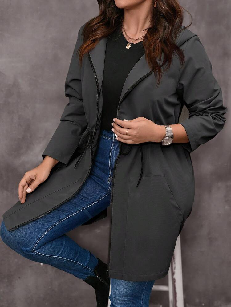 EMERY ROSE Plus Size Women's Solid Color Long Sleeve Drawstring Waist Zipper Front Casual Hooded Jacket,Fall Clothes For Women - Dark Grey - View 1