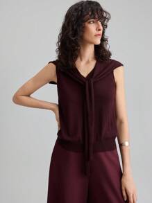 Ontre Elegant Style, Minimalist Design, Wine Red, Knitted Shawl, V-Neck Sleeveless Knit, Knit 2 In 1, Fitted Silhouette, Women's Knit Two Pieces Set, Women's Knit Top, Autumn Clothing, Everyday Wear, Casual Wear, Business Casual Burgundy Purple Christmas Modern Urban Casual Fashion Business Casual Women's Office Wear Low-Key Old Money Style Effortless Temperament High-End Urban Commuting High-Quality Airport Women's Wear High-End Material - Burgundy - View 6