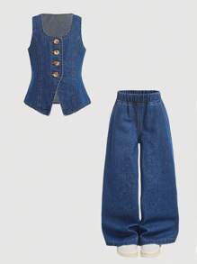 Firerie Kids Firerie Kids 年轻女孩 2 件牛仔吊带上衣和松紧腰裤套装，毕业/派对/度假套装，老钱风格，年轻女孩卡哇伊套装，秋季儿童休闲舒适服装，返校 - 深色水洗藍 - 查看 2