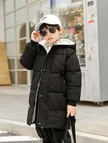 Young Girl Solid Color Hooded Padded Coat, Mid-Length,In Fall/Winter - Black and White - View 2
