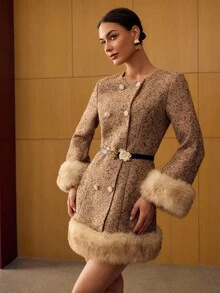 MOTF PREMIUM 粗花呢秋冬撞色人造毛皮羊毛混纺迷你连衣裙 - 卡其色 - 查看 4