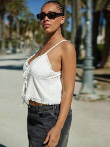 Maija Plus Size Women's White Silky Lace Contrast Tie Front Camisole,Summer Holiday Tropical Beach Tops,Minimalist Boho Casual Festival Rave Wear - White - View 3