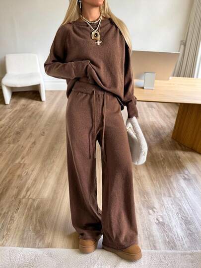 SHEIN EZwear Plus Size Comfortable Brown Knit Sweater Set/Winter