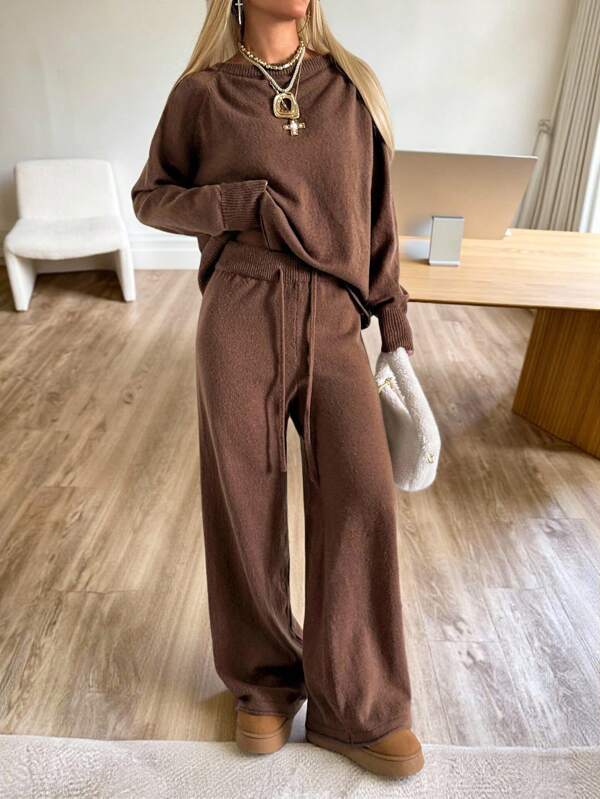 SHEIN EZwear Plus Size Comfortable Brown Knit Sweater Set/Winter Fall
