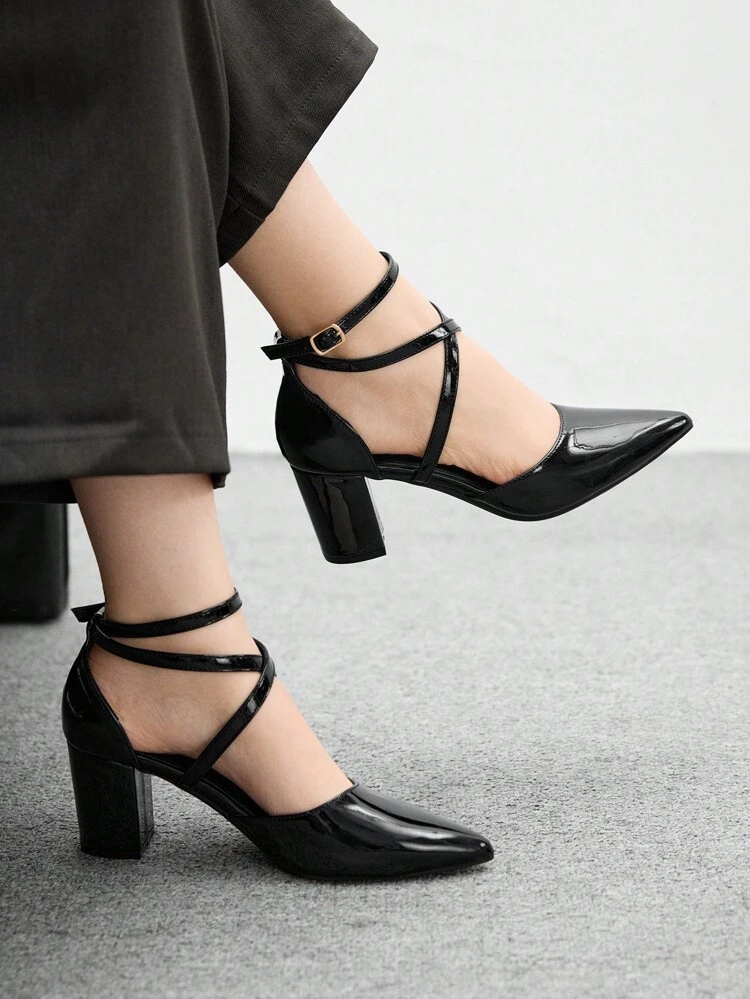 CUCCOO BIZCHIC Women's Fashion Black Ankle Strap Criss-Cross Pointed Toe Thick High Heel Pumps, Suitable For Commuting, Dating, Party, Shopping For Christmas Spring Shoes
