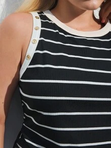 Maija 大码女式纽扣细节条纹圆领背心，适合夏季优雅时尚波西米亚海滩度假风格休闲夏季短款上衣，西部风商务休闲外出度假办公室