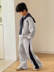 SHEIN Little Byeori 男童休闲韩版宽松连帽卫衣套装，配有可拆卸披肩领和松紧腰裤，适合秋冬季节、户外玩耍、上学、街头风、派对和休闲穿着。 - 灰色 - 查看 6