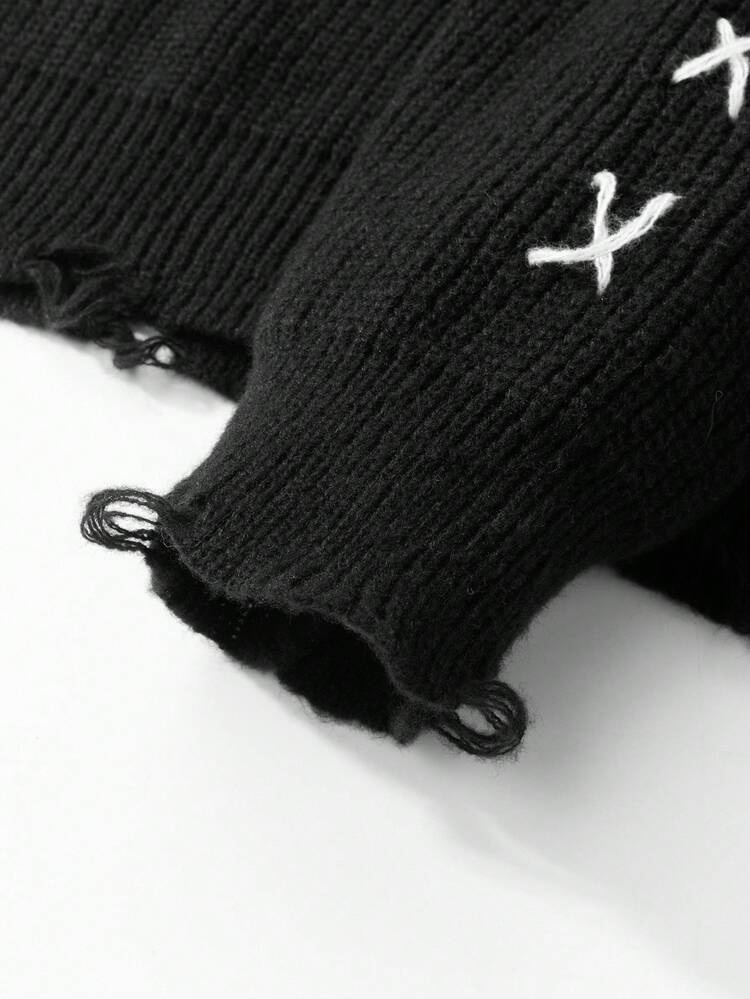 Manfinity CasualKnits 男士撞色简约休闲圆领长袖毛衣 Y2k 毛衣 哥特毛衣 Y2k 长袖男士针织毛衣 男士黑色毛衣 Y2k 上衣 男士返校 Y2k 毛衣 男士黑色针织毛衣 男士哥特毛衣长袖针织上衣 破洞毛衣，秋冬 - 黑色 - 查看 5