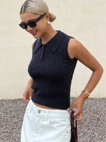 Livesso 女式马球领扭纹休闲无袖针织上衣