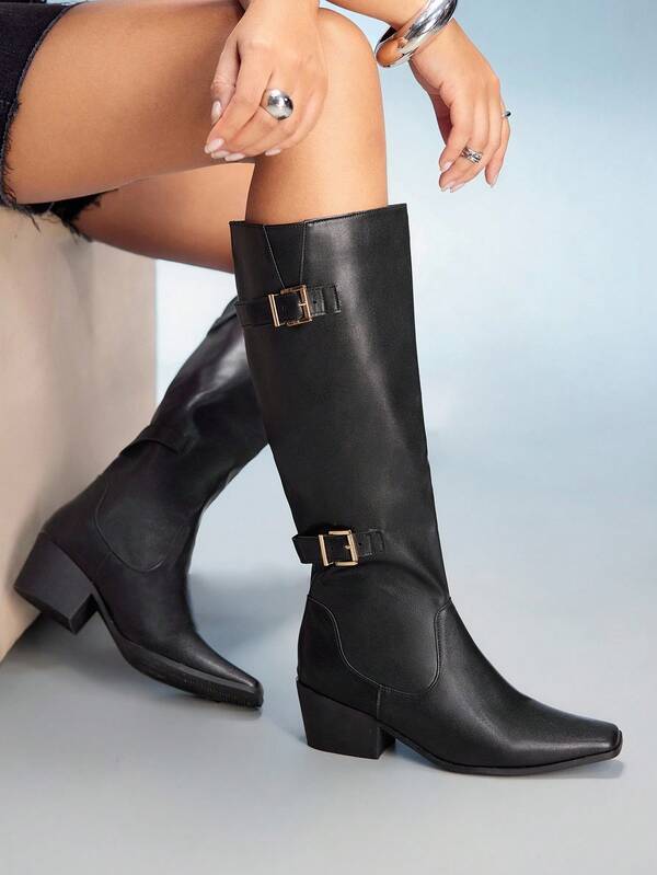 CUCCOO GRLICON Botas de tacón grueso con punta cuadrada, de tela de PU negro con decoración de botón plateado, cómodas para uso diario y fiestas, adecuadas para festivales de música, Halloween, Navidad, fiestas y estilo Y2K