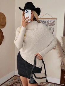 LanaWest Parte superior de punto de cuello alto con manga de murciélago asimétrica y unicolor, de estilo clásico. Elegante, versátil y apropiada para vacaciones, otoño/invierno